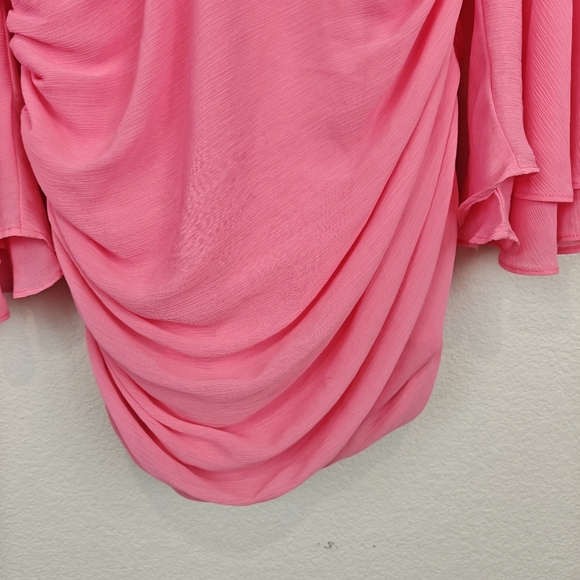 RUNAWAY The Label Suzy Mini Dress Flared Sleeves Deep V-neck In Bubblegum LG - Picture 11 of 15